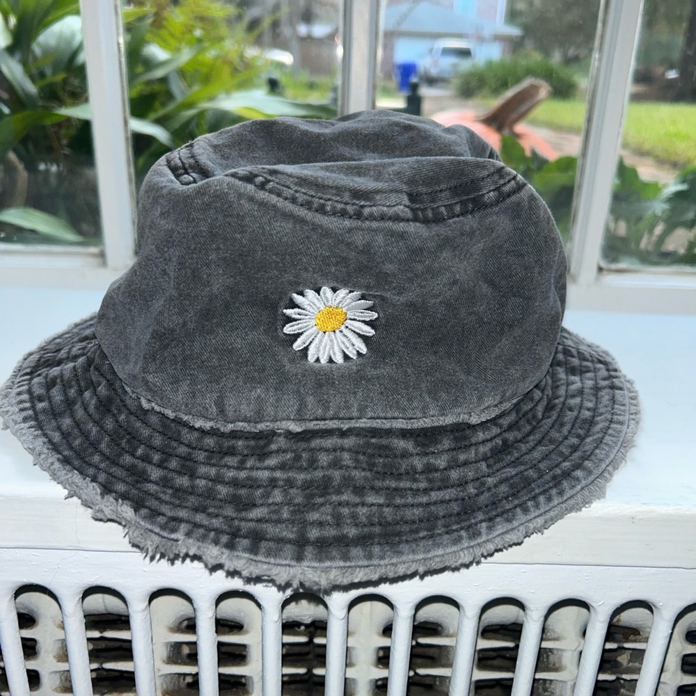 Distressed Denim Women's Frayed Flower Sun Bucket Hat